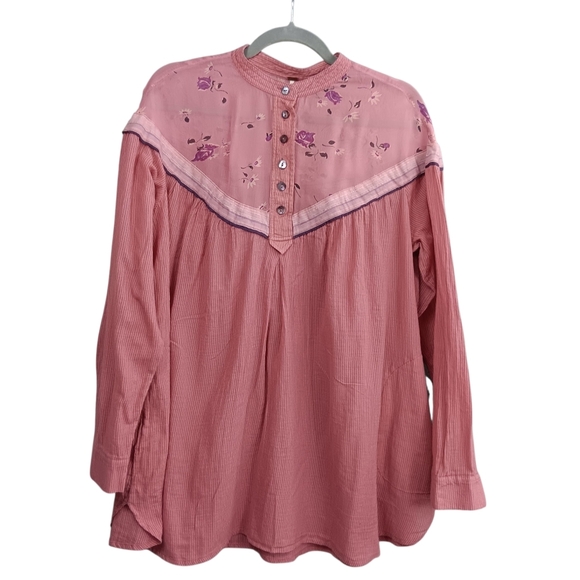 FREE PEOPLE Hearts and Colors Tunic Top Sz M Floral Sheer Long Sleeve Oversized - Picture 4 of 13